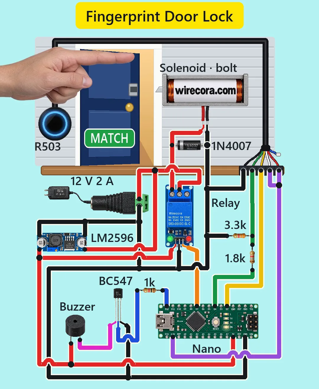 A navy-blue model front door opening in a grey clapboard wall with a green MATCH sign on it and a finger pushing its top corner, a round R503 fingerprint sensor with a blue ring on the wall, a lock solenoid printed wirecora.com with a 1N4007 diode at its leads, and below a 12 V 2 A adapter, an LM2596 module, a relay module, an Arduino Nano, a BC547, a buzzer and 1k, 1.8k and 3.3k resistors