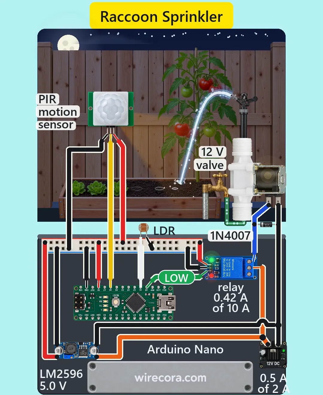A moonlit garden bed behind a wooden fence with a tomato plant, no animal in view, and a water jet arcing from a sprinkler head across the bed. A PIR motion sensor is on the fence and a white 12 V solenoid valve with a tap stands at the right. Below the scene is an open control box with a breadboard power rail, an Arduino Nano, a relay module, an LM2596 module and a 12 V supply, wired with coloured wires. A 1N4007 diode and an LDR sit above the box. Labels read PIR motion sensor, 12 V valve, LDR, 1N4007, LOW, relay 0.42 A of 10 A, Arduino Nano, LM2596 5.0 V and 0.5 A of 2 A, and wirecora.com is printed on the box front