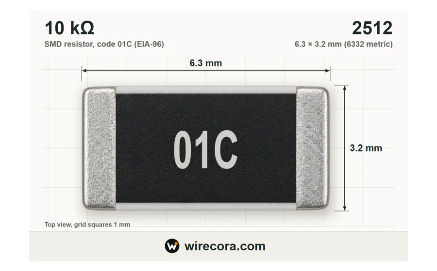 A 0603 chip resistor printed 01C, which is 10 kΩ in the EIA-96 code