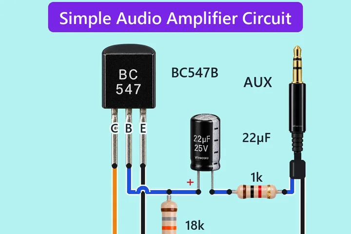 A BC547B transistor with its legs down, an 18 k resistor, a 1 k resistor and a 22 uF capacitor beside it, a 3.5 mm AUX plug at the top right with its tip up, an 18650 cell on the left and a big 8 ohm speaker at the bottom right