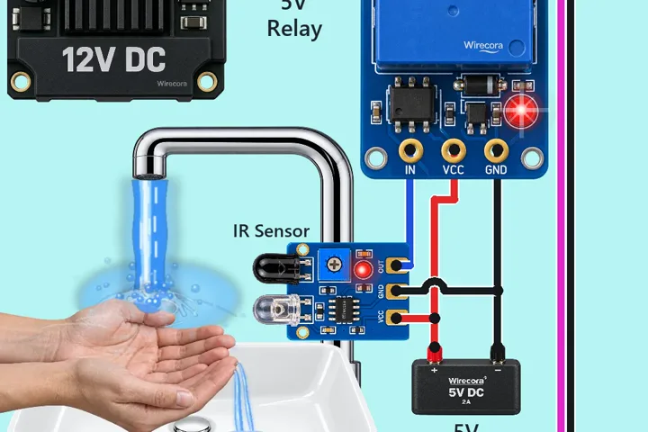 A 12 V supply, a 5 V supply, a 5 V relay module and an IR sensor clamped to a tap over a white basin, with a 12 V solenoid valve under the basin, a stop valve and a blue water hose
