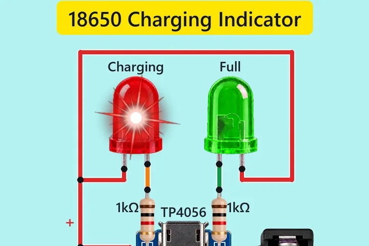 A TP4056 charger module fed by a 5 V phone charger, a red Charging LED and a green Full LED each with a 1 k resistor, and a green 18650 cell in a holder with a percent counter