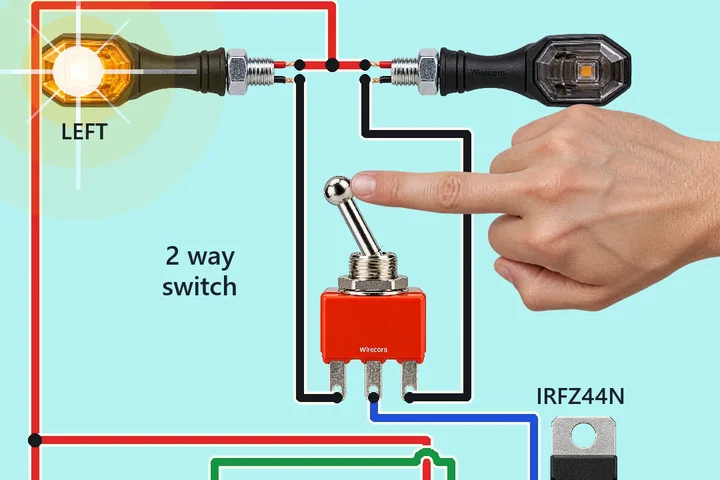 Two motorcycle turn-signal lamps, a 2 way toggle switch, an NE555 with two 10k resistors and a 22 uF capacitor, an IRFZ44N and a 12 V motorcycle battery