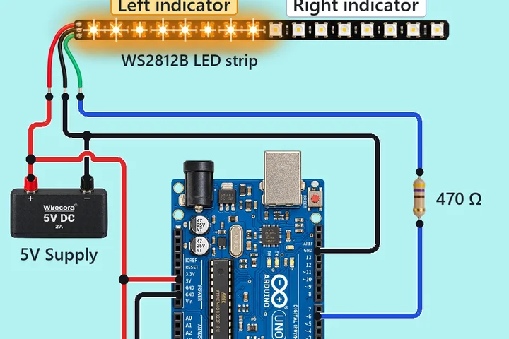 An Arduino Uno, a GY-521 MPU6050 board on a handlebar, a 470 ohm resistor and a WS2812B LED strip with the left half lit amber