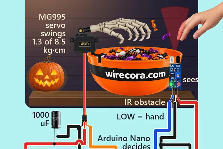 A night porch table with an orange candy bowl printed wirecora.com and a lit jack-o'-lantern, a bone-white skeleton hand on an MG995 servo slammed down across the candy, a child's hand pulling back out of a red IR beam above an FC-51 sensor on the bowl's rim, two candies in the air, and below the table an Arduino Nano, an LM2596, a 1000 uF capacitor, a barrel jack and a 12 V adapter, all wired and labelled