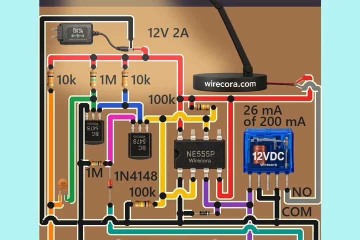 A night desk with a black 12 V LED desk lamp lit warm over a circuit: a 12 V 2 A adapter, two BC547 transistors, an NE555P, a clear 12 V relay marked COM and NO, a 1N4148 and a 1N4007 diode, resistors labelled 10k, 1M, 10k, 100k, 100k, 1M and 47k, a 10 uF memory capacitor, a microphone at the bottom left and two open hands about to clap