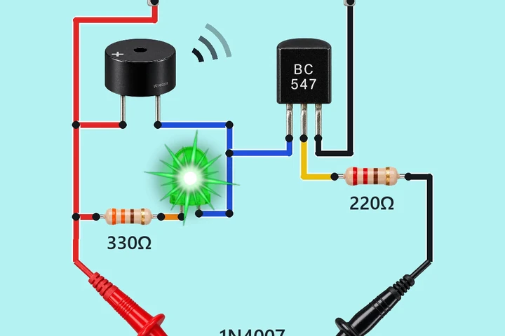 A green 3.7 V cell in a holder at the top, a black active buzzer sending out sound arcs, a BC547 transistor, a green LED flaring, fed through a 330 ohm resistor, a 220 ohm base resistor, and the red and black test probes touching the leads of a 1N4007 diode that a hand holds in tweezers, its band towards the black probe