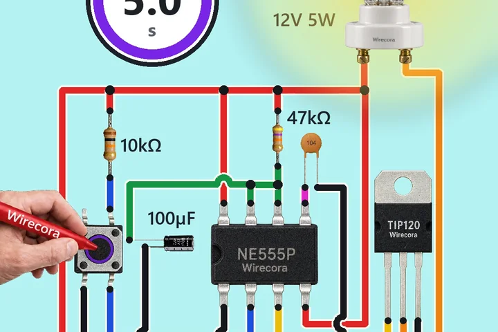 A hand with the red Wirecora marker pressing a push button, a 12 V 5 W bulb glowing at the top right, a countdown ring reading 5.0 s, an NE555P timer and a TIP120 transistor printed Wirecora, 10k, 47k and 1k resistors, a 100 uF capacitor, a 104 ceramic capacitor and a 12 V DC supply board