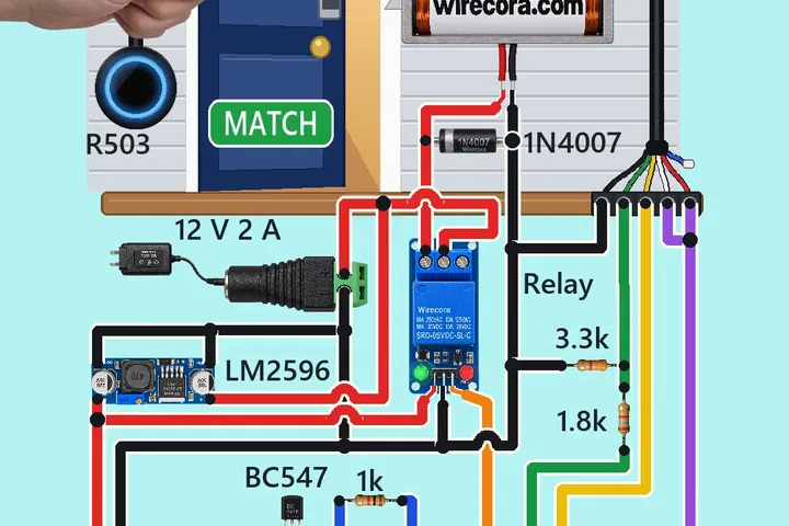 A navy-blue model front door opening in a grey clapboard wall with a green MATCH sign on it and a finger pushing its top corner, a round R503 fingerprint sensor with a blue ring on the wall, a lock solenoid printed wirecora.com with a 1N4007 diode at its leads, and below a 12 V 2 A adapter, an LM2596 module, a relay module, an Arduino Nano, a BC547, a buzzer and 1k, 1.8k and 3.3k resistors