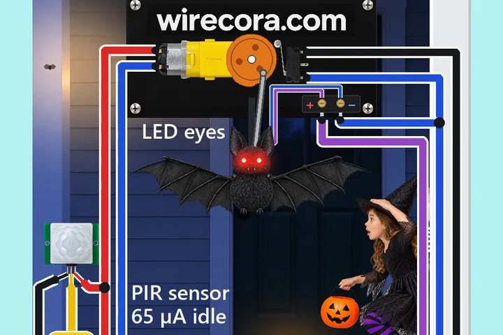 A US front porch at dusk with a lit door, a wall lantern and a jack-o'-lantern: a big black bat with glowing red eyes hangs under the porch roof with its wings spread wide, beaten by a crank on a yellow TT gear motor that sits on a black plate printed wirecora.com beside a roller home switch, while a girl in a witch costume with a pumpkin bucket walks up; a PIR motion sensor on the left post with a 3.3 V tag on its yellow output wire, and below the porch a cream board with a TIP120, a 2.2k resistor, a 1N4007 flyback diode, 100 nF and 100 uF capacitors, a 120 ohm eye resistor and a 4 x AA holder, all wired and labelled