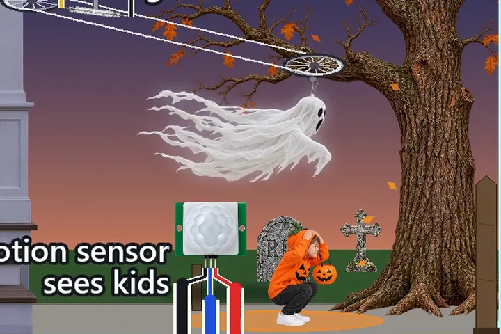 A US front yard at dusk with a porch, an autumn oak, two tombstones and a jack-o'-lantern: a white cloth ghost flies along a fishing-line loop between two flat bicycle wheels, one under the porch roof driven by a 12 V gear motor and one hanging in the tree, while a child in an orange pumpkin hoodie crouches on the path below; a PIR motion sensor on a garden stake and a reed switch at the porch end of the line, and below the yard a black wirecora.com plate with an Arduino Nano, a TIP120, a 1N4007, 1k and 10k resistors, a 1000 uF capacitor, a barrel jack and a 12 V 2 A adapter, all wired and labelled