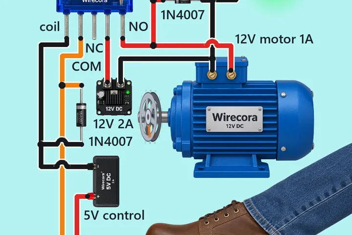 A brown work boot pressing a black foot pedal, a clear blue relay printed 5VDC and Wirecora, a lit green RUN LED with a 1k resistor, two 1N4007 diodes, a 5 V supply and a 12 V 2 A supply, and a big blue motor with Wirecora 12V DC on its nameplate and a flywheel on its shaft