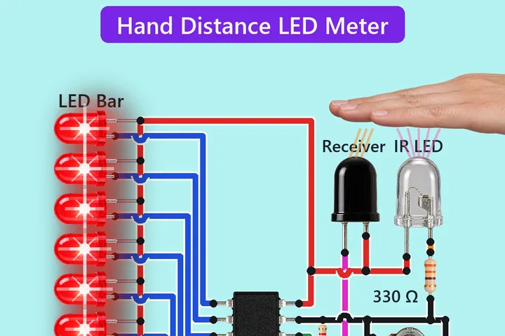 An LM3914 chip, a bar of ten red LEDs, an IR LED and an IR phototransistor side by side, a 10 k pot, a 330 ohm and a 2.2 k resistor, and a 9 V battery
