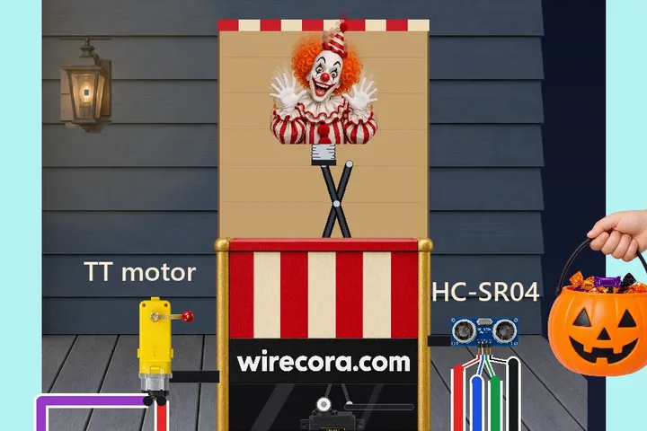 A big red and cream striped jack-in-the-box printed wirecora.com on a dark porch beside a wall lantern, its lid swung up and a clown sprung out on a black scissor lift, while a hand holds a jack-o'-lantern candy pail out to it; a yellow TT gear motor with the crank on the box's left side, an HC-SR04 sensor on the right, and below the porch a 1N4007 flyback diode across the motor leads, a 1000 uF capacitor at the MG995 servo plug, a TIP120 with a 1k resistor, a 5 V 2 A USB supply and an Arduino Nano, all wired and labelled