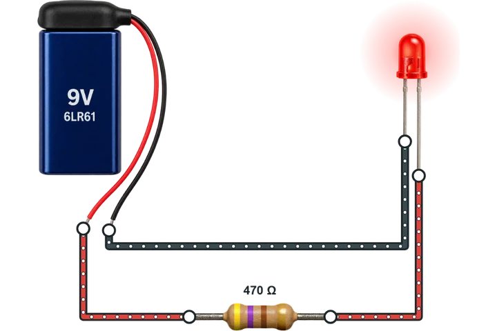 A 9 volt battery, a resistor and a lit red LED