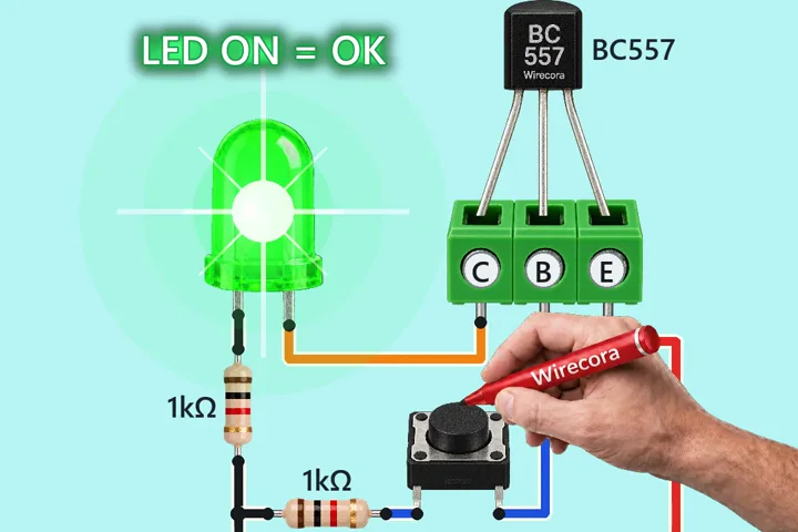A BC557 transistor seated in a three-way terminal block marked C, B and E, a red marker pressing the TEST button, a lit green LED with LED ON = OK above it, two 1 k resistors and a 3.7 V cell