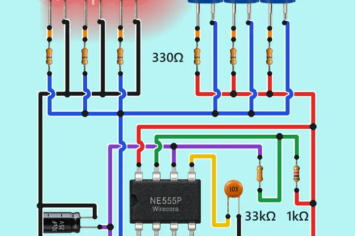 Three red LEDs at the top left and three blue LEDs at the top right, each with a 330 ohm resistor, an NE555 timer in the middle with a 1 k and a 33 k resistor, a 10 uF capacitor and a 10 nF capacitor, a rocker switch and a 9 V battery at the bottom