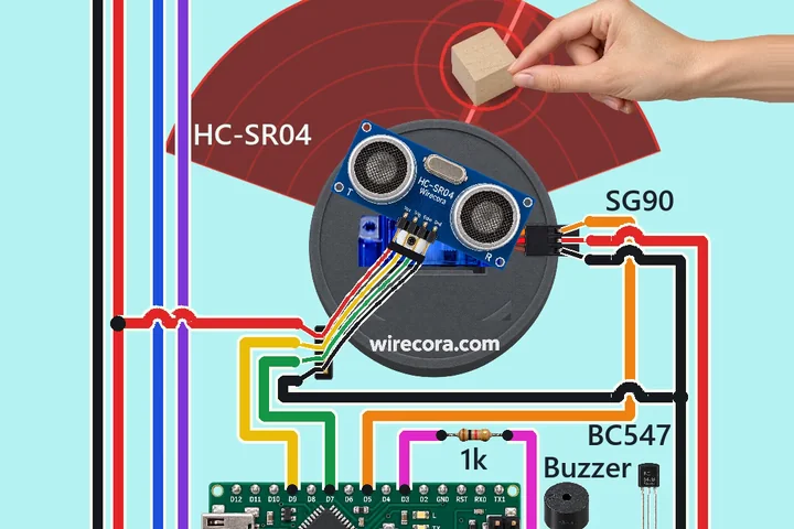 A 16x2 LCD reading WARNING! Object at 15 cm above a radar fan, a hand setting a wooden block in front of an HC-SR04 sensor on an SG90 servo in a round wirecora.com base, an Arduino Nano, a 1 k resistor, a BC547 and a buzzer, and a 5 V supply