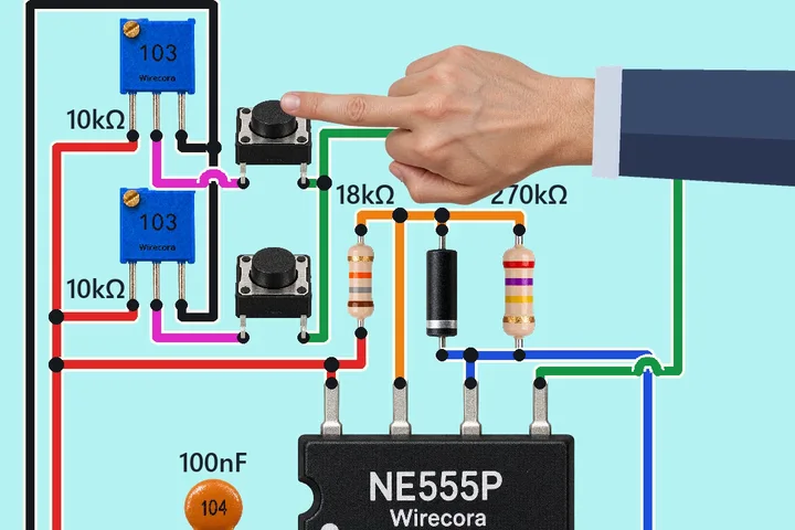An NE555 timer, two blue 10 k trimmers with a push button each, an 18 k and a 270 k resistor, a 1N4148 diode, a 100 nF capacitor, a 4 x AA battery pack and an MG995 servo with a white horn