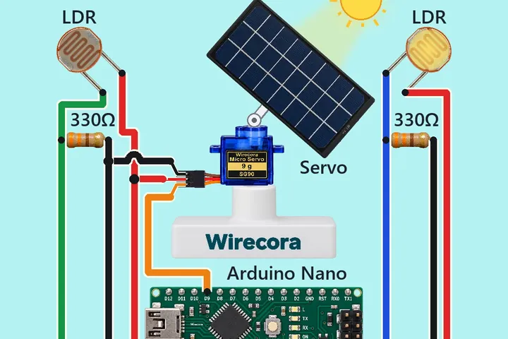 A small solar panel on an SG90 servo, tilted towards a sun at the top right, on a white stand printed Wirecora, two LDRs at the top left and right (the right one lit warm, the left one dull), two 330 ohm resistors, an Arduino Nano and a 5 V 2 A supply under a yellow Smart Solar Tracker title