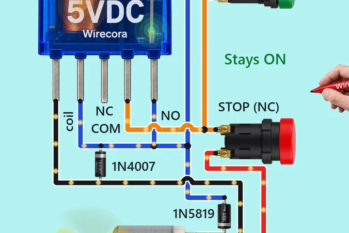 A clear blue relay printed 5VDC and Wirecora with its coil glowing, a green START button and a red STOP (NC) button lying on their sides, a 130 motor spinning a yellow propeller, two 1N4007 diodes and a 1N5819, a 5 V 2 A supply with the label max 0.5 A beside it, wires with moving current dots, the words Stays ON, and a hand with a red marker on its way to STOP