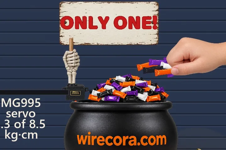 A night porch with a black cauldron printed wirecora.com full of fun-size candy bars on a scale platform over a 5 kg load cell, a skeleton arm on an MG995 servo holding up an ONLY ONE! sign over the bowl, a child's hand in a striped sleeve holding six bars above the bowl, a jack-o'-lantern and a red WS2812B light bar on the step; below, an HX711, an OLED mounted upside down reading ONLY ONE! 6 taken, an Arduino Nano, a 330 ohm resistor, a 1000 uF capacitor between a red and a black rail, an LM2596 set to 5.0 V, a DC jack and a 12 V 2 A adapter, all wired and labelled
