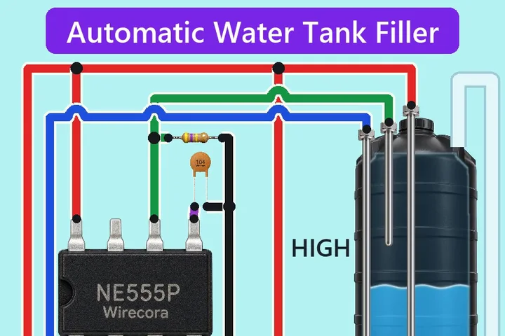 An NE555 timer, a TIP120 transistor, a diode, a 5 V supply, a tank with HIGH and LOW probes, and a small pump