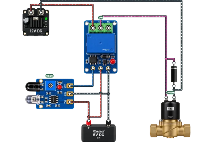 An infrared sensor, a relay module and a 12 volt solenoid valve, wired