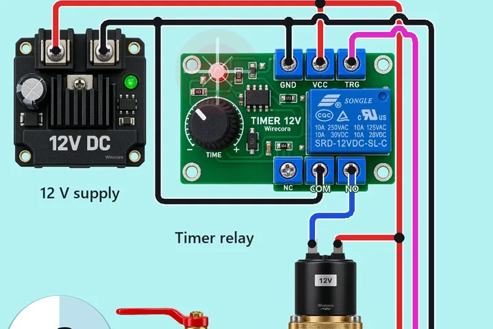 A 12 V supply, a timer relay module, a solenoid valve on a brass tap filling a 20 litre bottle, and a proximity sensor beside the bottle