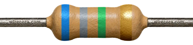 6.8 megohm resistor: blue, gray, green and gold bands