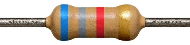 6.8 kilohm resistor: blue, gray, red and gold bands