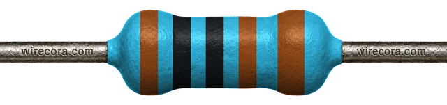 1 kilohm resistor: brown, black, black, brown and brown bands