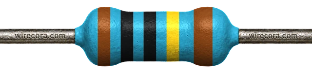 1 megohm resistor: brown, black, black, yellow and brown bands