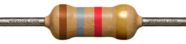 1.8 kilohm resistor: brown, gray, red and gold bands