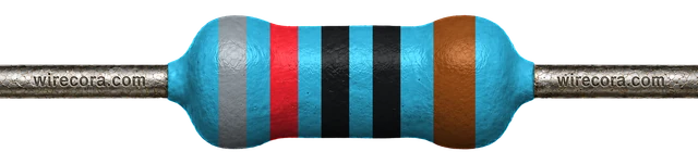 820 ohm resistor: gray, red, black, black and brown bands