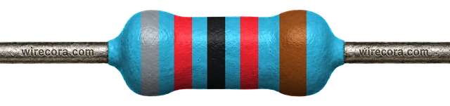 82 kilohm resistor: gray, red, black, red and brown bands