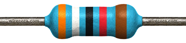 39 kilohm resistor: orange, white, black, red and brown bands