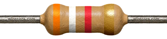3.9 kilohm resistor: orange, white, red and gold bands