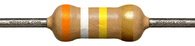 390 kilohm resistor: orange, white, yellow and gold bands