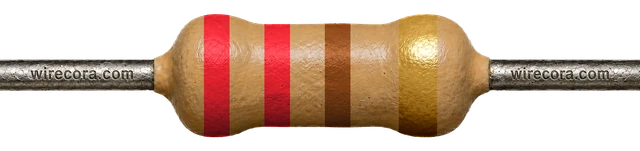 A 220 Ω resistor: red, red, brown and gold bands, the usual choice for a red LED on 5 V
