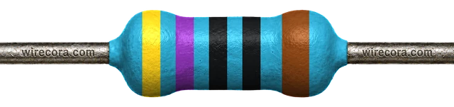 470 ohm resistor: yellow, violet, black, black and brown bands