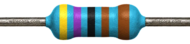 4.7 kilohm resistor: yellow, violet, black, brown and brown bands