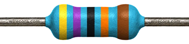 470 kilohm resistor: yellow, violet, black, orange and brown bands